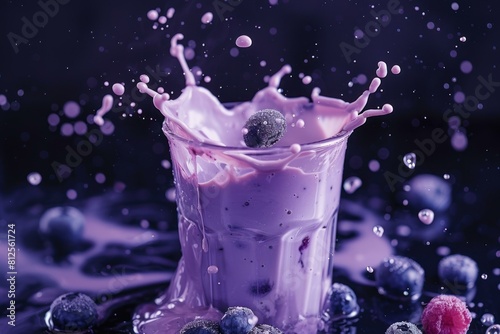 Vibrant splash of purple smoothie with blueberries against a dark background