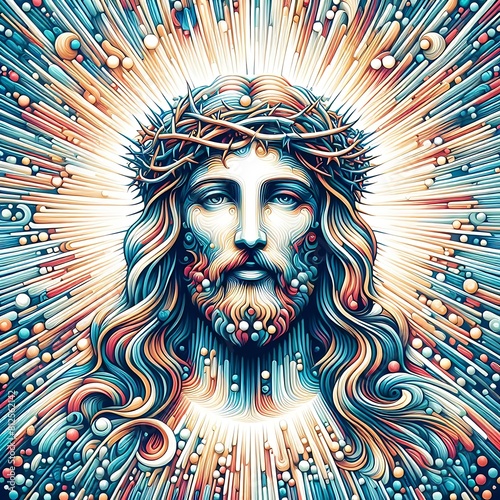 A colorful artwork of a jesus christ with a crown of thorns photo harmony has illustrative meaning card design illustrator