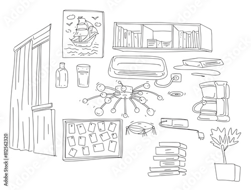 furniture bookshelf hand drawn graphic doodle sketch separately on a white background room air conditioner window curtain
