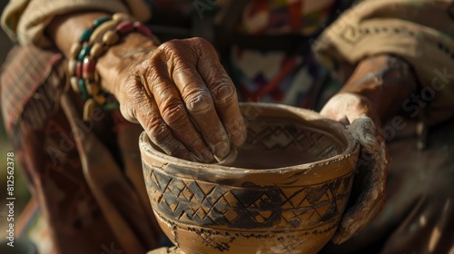 The hands of a potter shape the clay into a beautiful bowl. photo