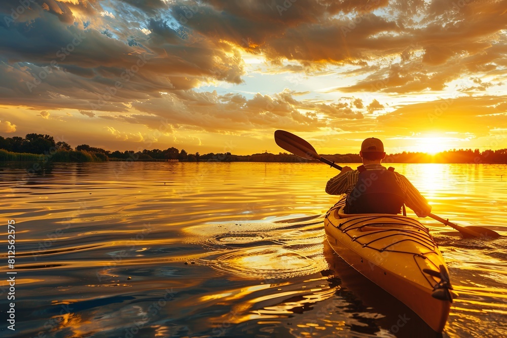 a man dips his toes into kayaking on a lake against the backdrop of a golden sunset, unity, harmony of nature. 