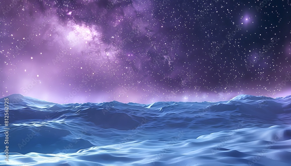 snowy hills with snow falling, stars shining in the night sky and purple galaxy sky background snowy hills with snow falling, stars shining in the night sky and purple galaxy sky background