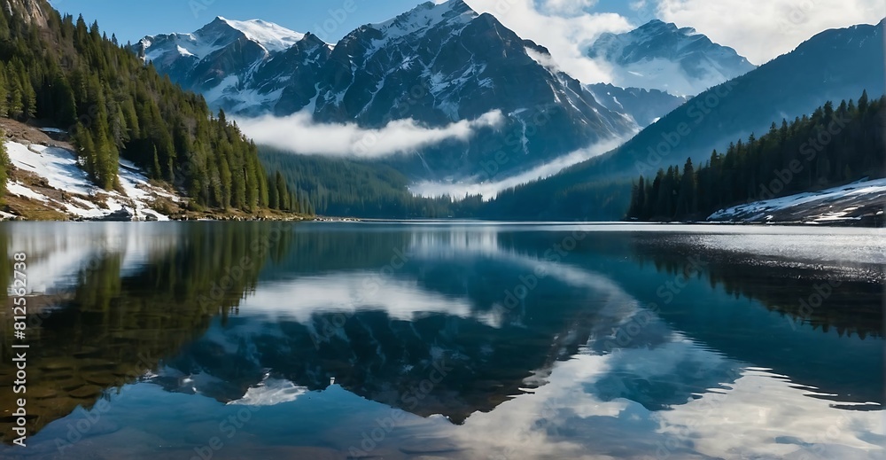 Mountain lake with reflection of the snow-capped peaks.