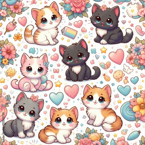 A pattern of cartoon cats and flowers image art attractive has illustrative meaning illustrator.