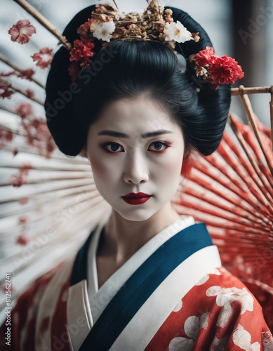 portrait of beautiful geisha in traditional clothes, isolated white background, copy space for a tex 