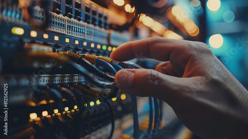 A close-up of hands connecting network cables and configuring devices, ensuring seamless IT infrastructure operations photo