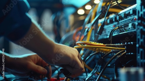 A close-up of a network engineer configuring a high-end router, cables and tools neatly arranged, precision work