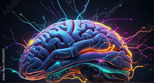 Human brain with glowing neon effect on black background.