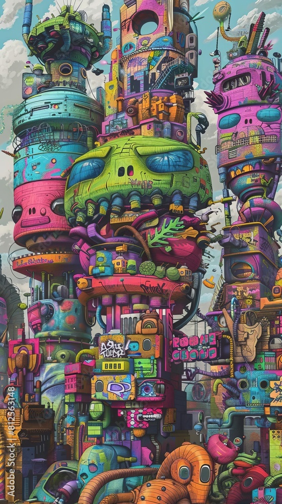 Craft a digital artwork of a city square filled with captivating graffiti