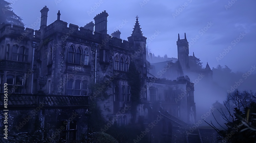 Spooky old gothic castle, foggy night, haunted mansion 