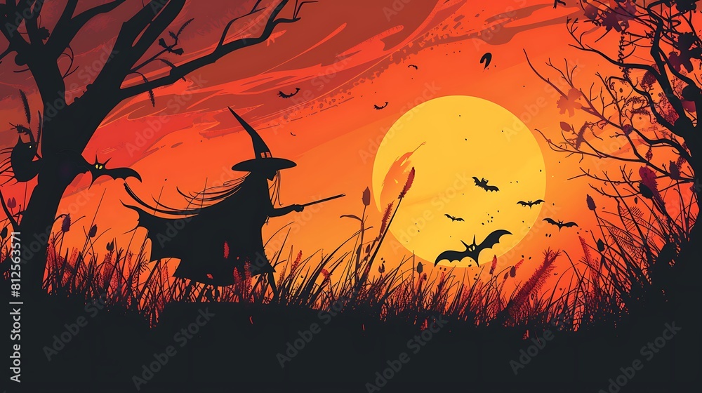 Vector illustrations of silhouette Halloween witch 