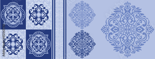 beautiful abstract vintage damask ornament stripe element background allover seamless pattern design illustration in royal blue family color combination for digital home textile and apparels