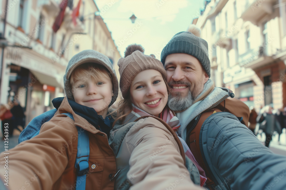 Family having fun together, taking a selfie. Smiling parents and children enjoy time spent together while traveling or vacationing in a European city.