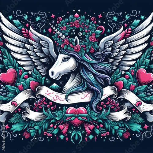 A unicorn with wings and flowers image art photo used for printing card design illustrator.
