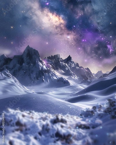 snowy hills with snow falling  stars shining in the night sky and purple galaxy sky background