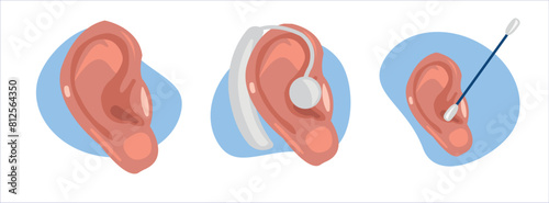 Ear, ear cleaning and hearing aid vector illustration