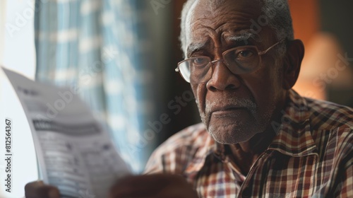 Senior man reading newspaper at home in the living room. Selective focus.