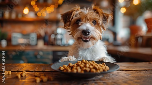 funny hungry jack russell dog in kitchen cooking or eating on table , smacking Generative AI photo