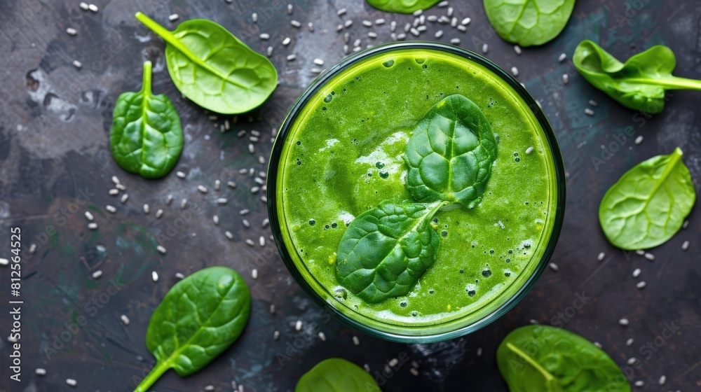 A green smoothie with spinach or other green vegetables and fruits. Light grey background, top view. A green smoothie with spinach or other green vegetables and fruits. Light grey background, top view.