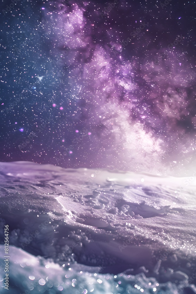 snowy hills with snow falling, stars shining in the night sky and purple galaxy sky background snowy hills with snow falling, stars shining in the night sky and purple galaxy sky background