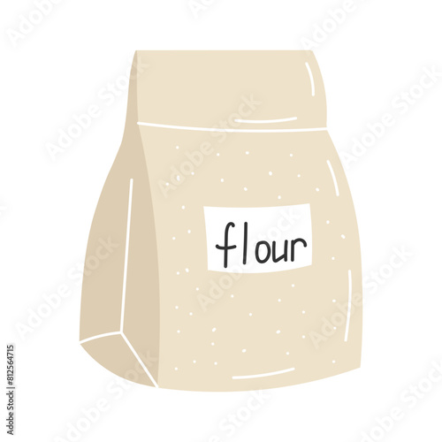 Flour in paper bag. Closed pack, package with baking ingredient. Product for cooking. Flat vector illustration isolated on white background