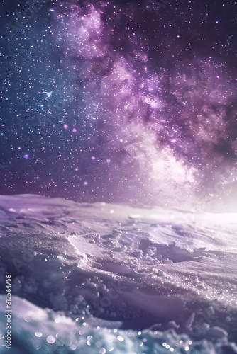 snowy hills with snow falling  stars shining in the night sky and purple galaxy sky background