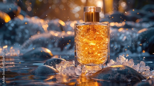 Generic luxury gold perfume mockup glass bottle with golden chrome and marbled glass body with on rock display at golden hour time Generative AI