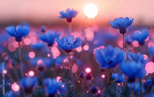 A field of blue flowers with a sun in the background. The sun is setting and the flowers are in full bloom