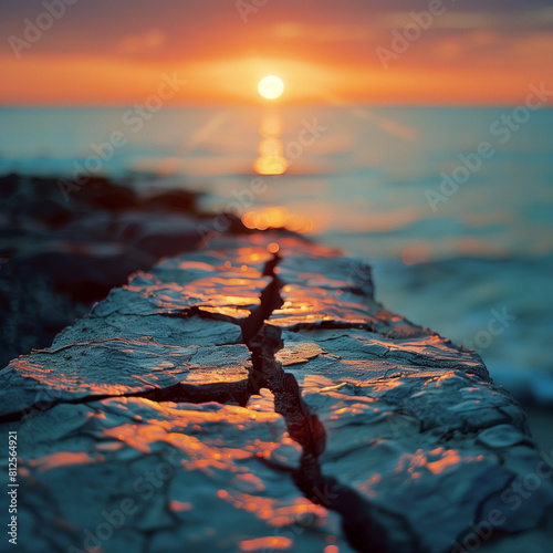Sunset over ocean with textured rocks in foreground.