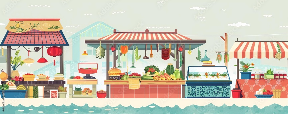 Festival street food market flat design side view culinary exploration theme water color Analogous Color Scheme Festival street food market flat design side view culinary exploration theme water color Analogous Color Scheme