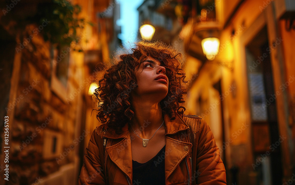 A woman with curly hair is standing on a street at night. She is wearing a leather jacket and a necklace A woman with curly hair is standing on a street at night. She is wearing a leather jacket and a necklace