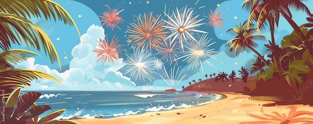 Fireworks Displays tropical beach flat design side view vacation theme cartoon drawing colored pastel