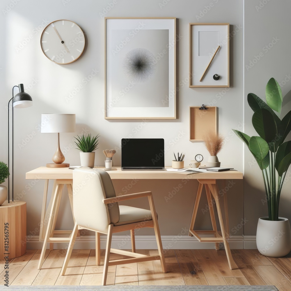 A desk with a chair and a laptop image harmony lively has illustrative meaning. A desk with a chair and a laptop image harmony lively has illustrative meaning.