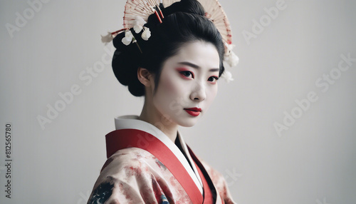 portrait of beautiful geisha in traditional clothes, isolated white background, copy space for a tex 