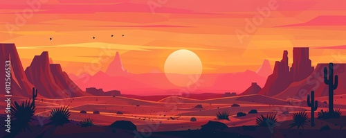 Seasonal Landscapes desert sunset flat design side view tranquil evening theme cartoon drawing Tetradic color scheme