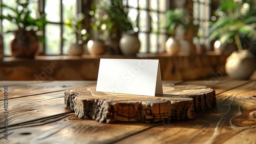 A white card is sitting on a wooden table