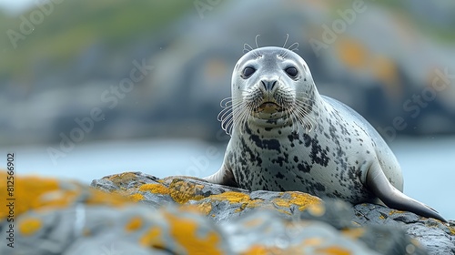 Harbor seal (Phoca vitulina) resting on a rock and watching, Forillon National Park; Quebec, Canada Generative AI photo