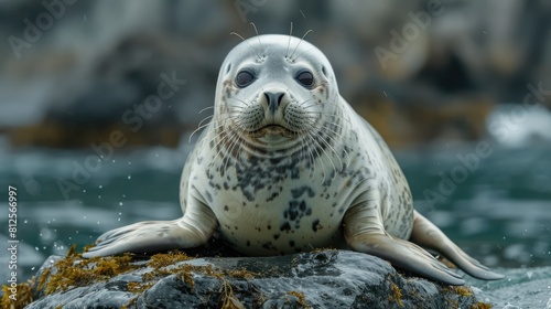 Harbor seal (Phoca vitulina) resting on a rock and watching, Forillon National Park; Quebec, Canada Generative AI photo