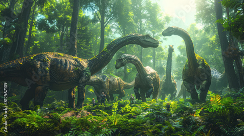 hyper-realistic shot of A herd of Diplodocus, their long necks stretching high into the ancient forest canopy as they graze on the verdant foliage