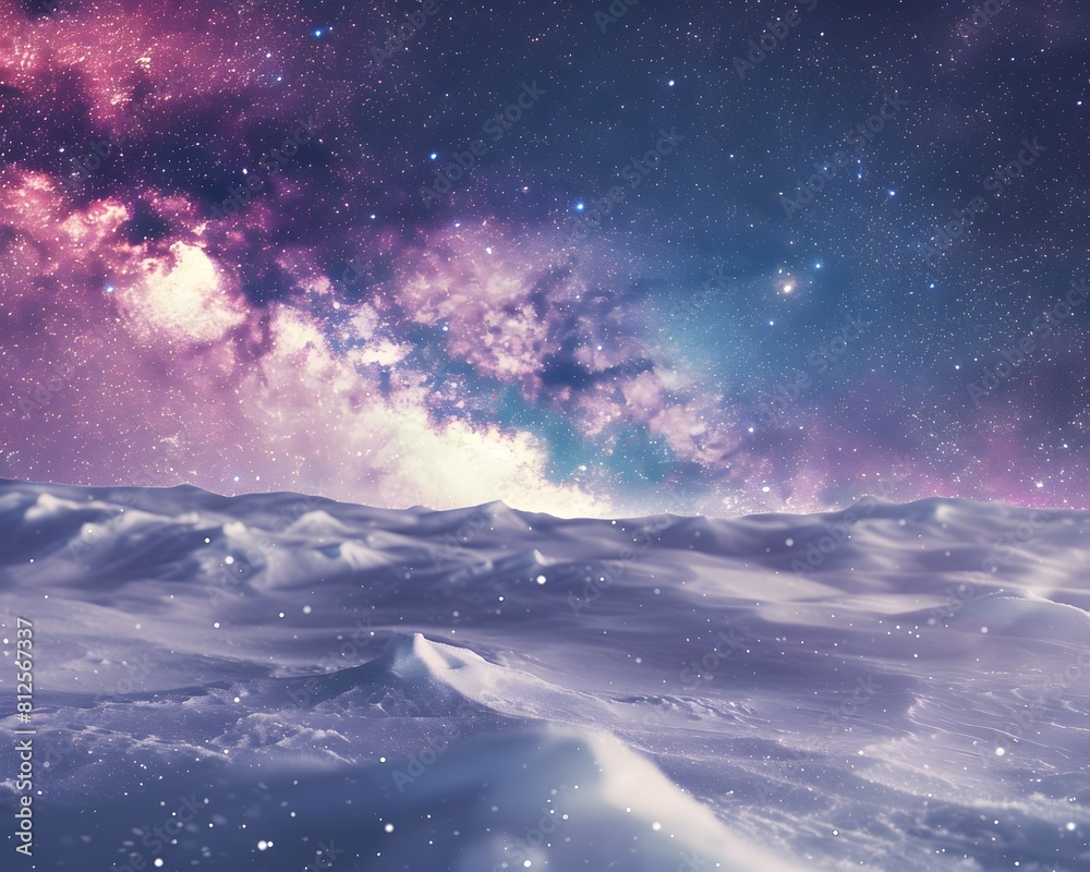 snowy hills with snow falling, stars shining in the night sky and purple galaxy sky background