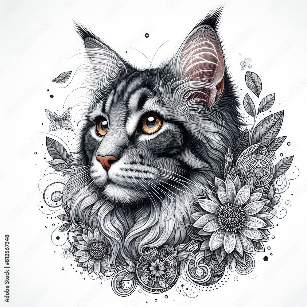 A drawing of a maine coon cat with flowers image art attractive harmony illustrator. A drawing of a maine coon cat with flowers image art attractive harmony illustrator.