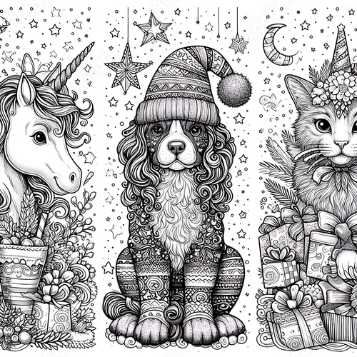 Many animals include dogs, cats, unicorns with hats and presents art attractive used for printing card design illustrator.