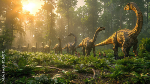 hyper-realistic shot of A herd of Diplodocus  their long necks stretching high into the ancient forest canopy as they graze on the verdant foliage