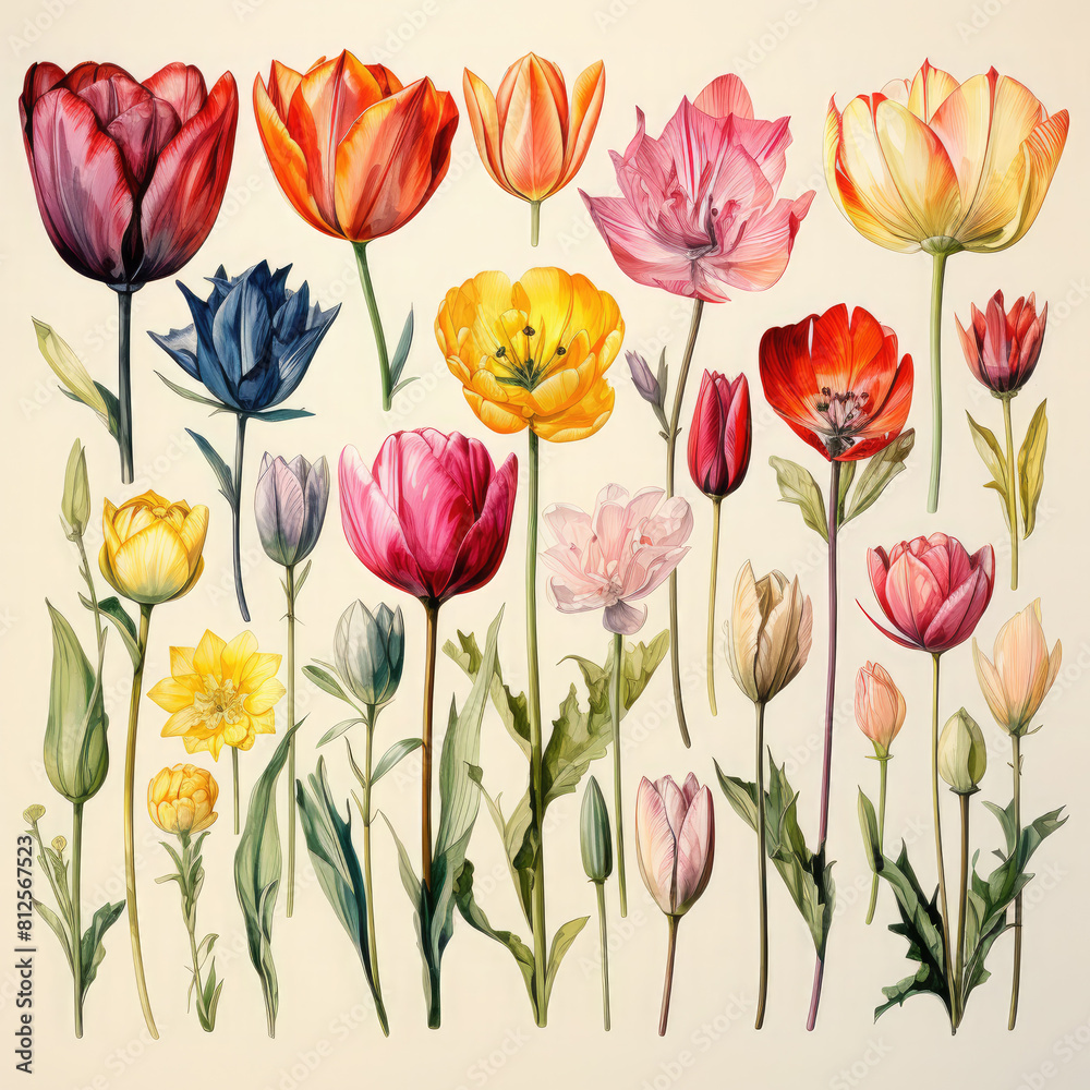 Obraz premium Watercolor Tulip Illustration, Generative Ai