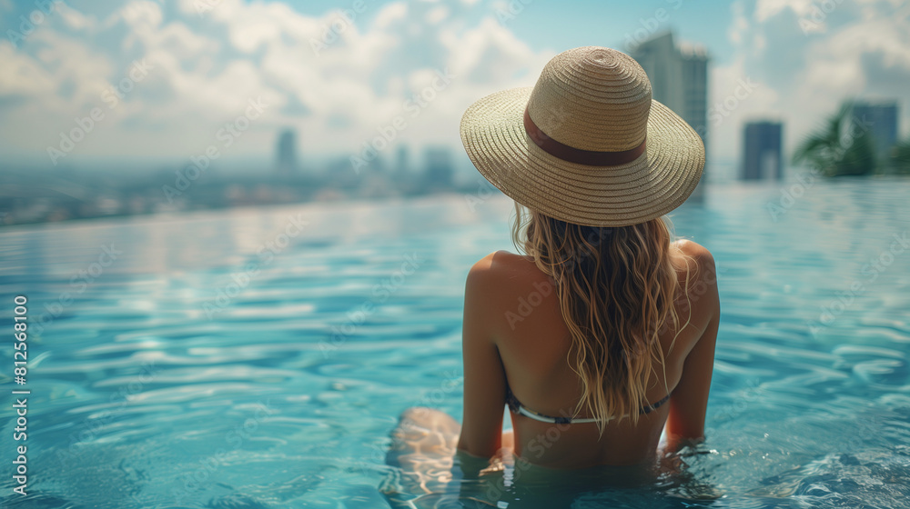 Beautiful woman wearing hat in roof top pool watching sunset around city. Vacation concept.