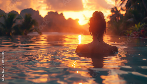 Beautiful woman in infinity pool watching sunset around tropical islands. Vacation concept.