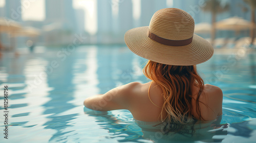 Beautiful woman wearing hat in roof top pool watching sunset around city. Vacation concept.