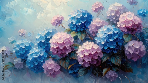 hydrangea flowers in light impressionist oil painting style. Light blue and light purple Hydrangea flowers in full bloom, in the garden. Wide format Generative AI © Qasim Sumbul