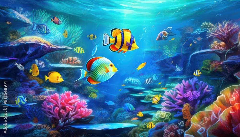 Fototapeta premium Tropical fish in the underwater, coral reef, amazing underwater life, various fish and exotic coral reefs, ocean wild creatures background