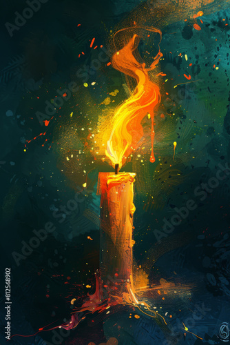 Candle with a brightly burning flame on a dark background, with sparks symbolizing light and hope. Styled in intense shades of orange and yellow.